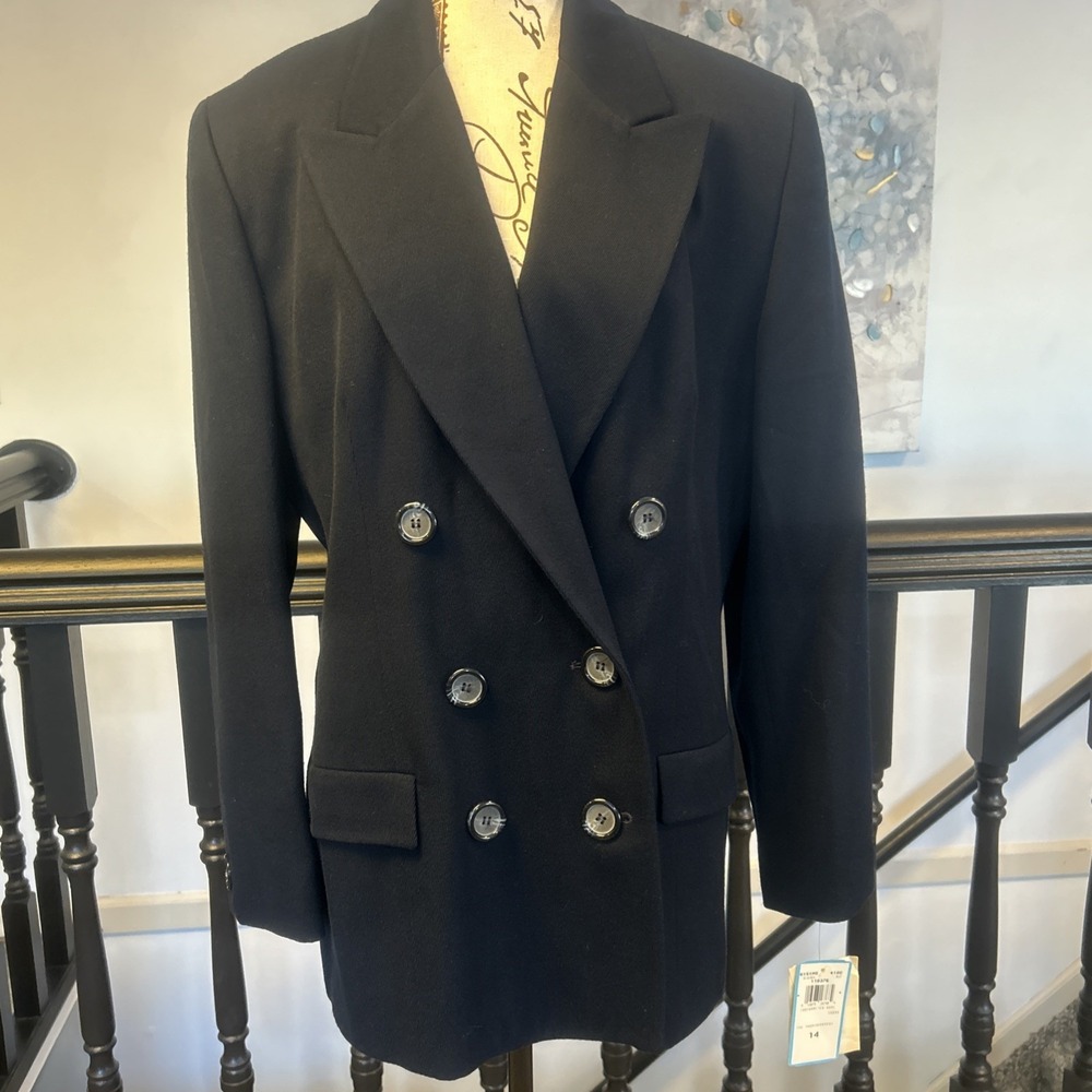 VTG 1980's Evan Picone Double Breasted Navy‎ Blue Wool Blazer Size 14 New